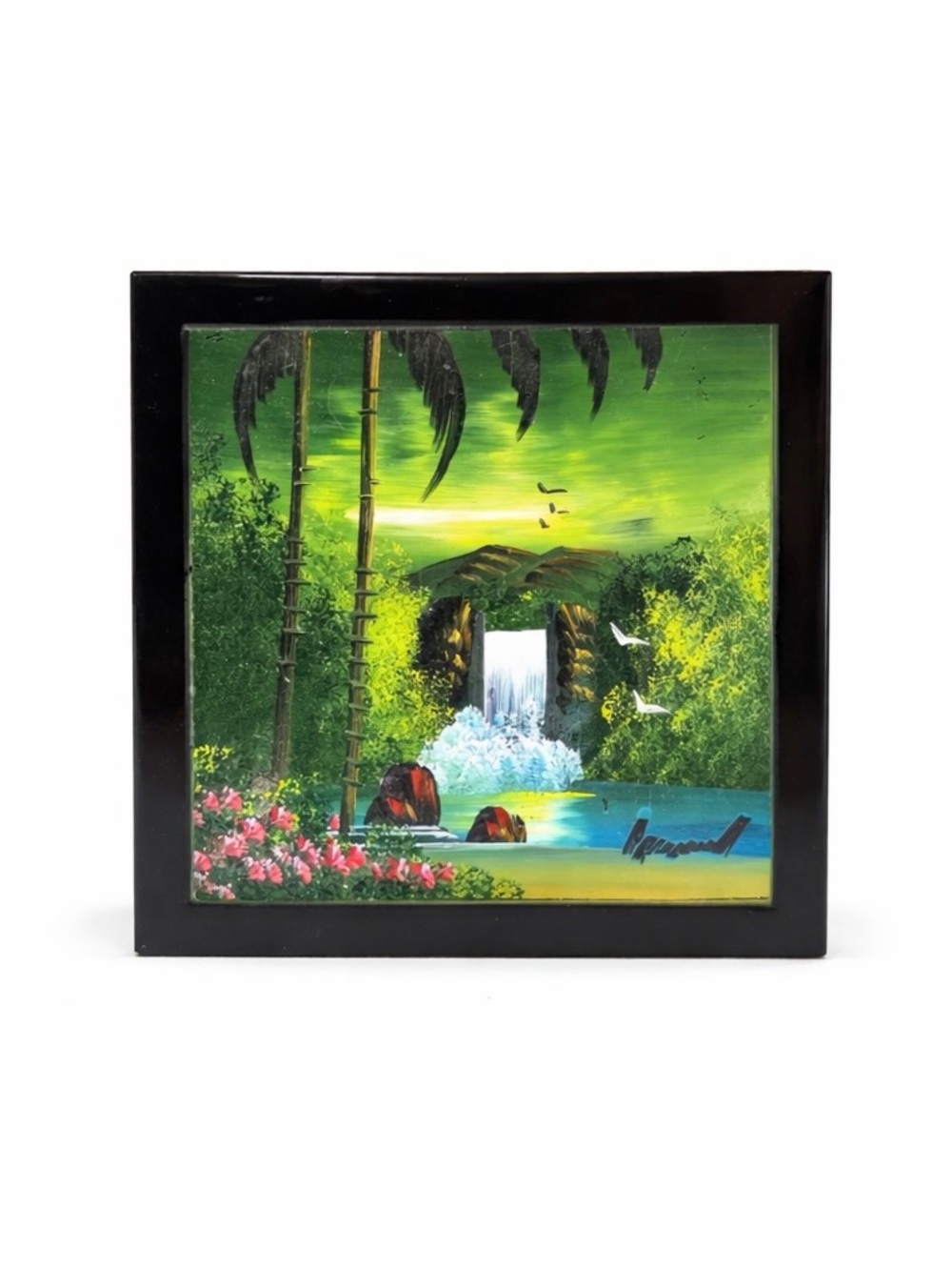 Tropical Waterfall Painting on Ceramic Tile 7.75” Signed Mexico Interceramic